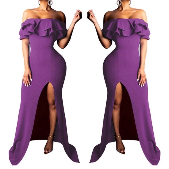 Dresses & Skirts - NEW Purple Sexy Bodycon Ruffle Shoulder Maxi Dress w/ Split XL can fit XXL $69